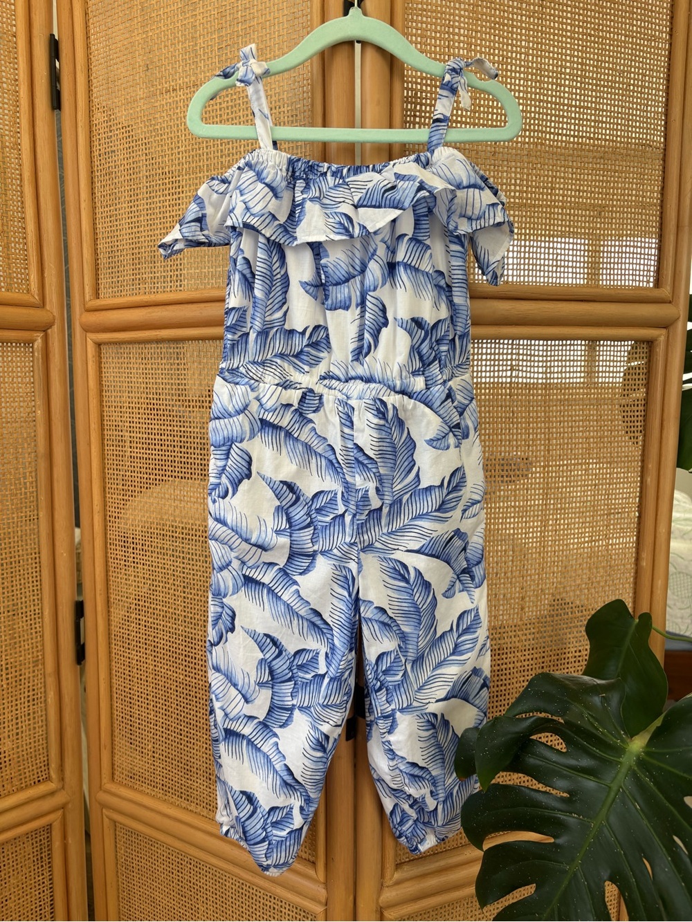NWOT Janie and Jack Tropical FoliagePrint Off-Shoulder Jumpsuit in Blue Sz:3T